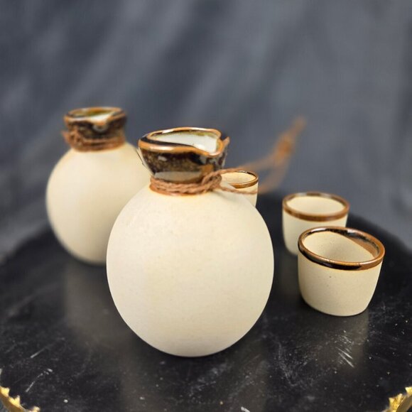 Yokohama Kanji Sake Set 2 Carafes 5 Cups Glazed Bisque Pottery Beige/Brown - Picture 12 of 16
